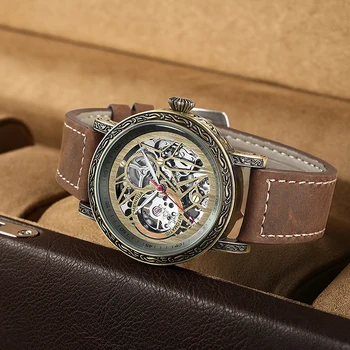  Marca de luxo Automático de Auto-Vento Homens Mecânico para Relógios de pulso Único Retro Padrão de Design, Presente do Negócio Pulseira de Couro Marrom